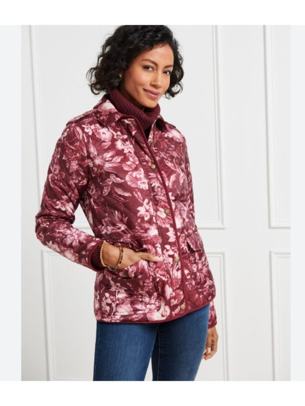 Talbots Jacket Womens LP Red Floral Quilted Full Zip Pockets Taffeta Lined